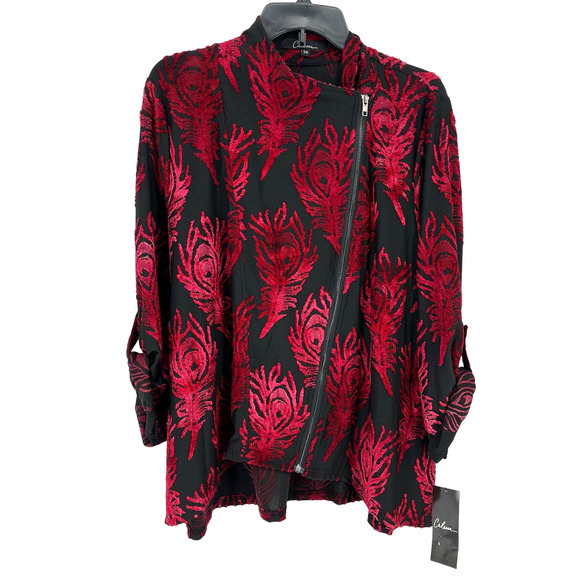 New Calessa Peacock Feather Velvet Zip Front Jacket Womens Plus Sz 1X Red Black - Picture 1 of 5